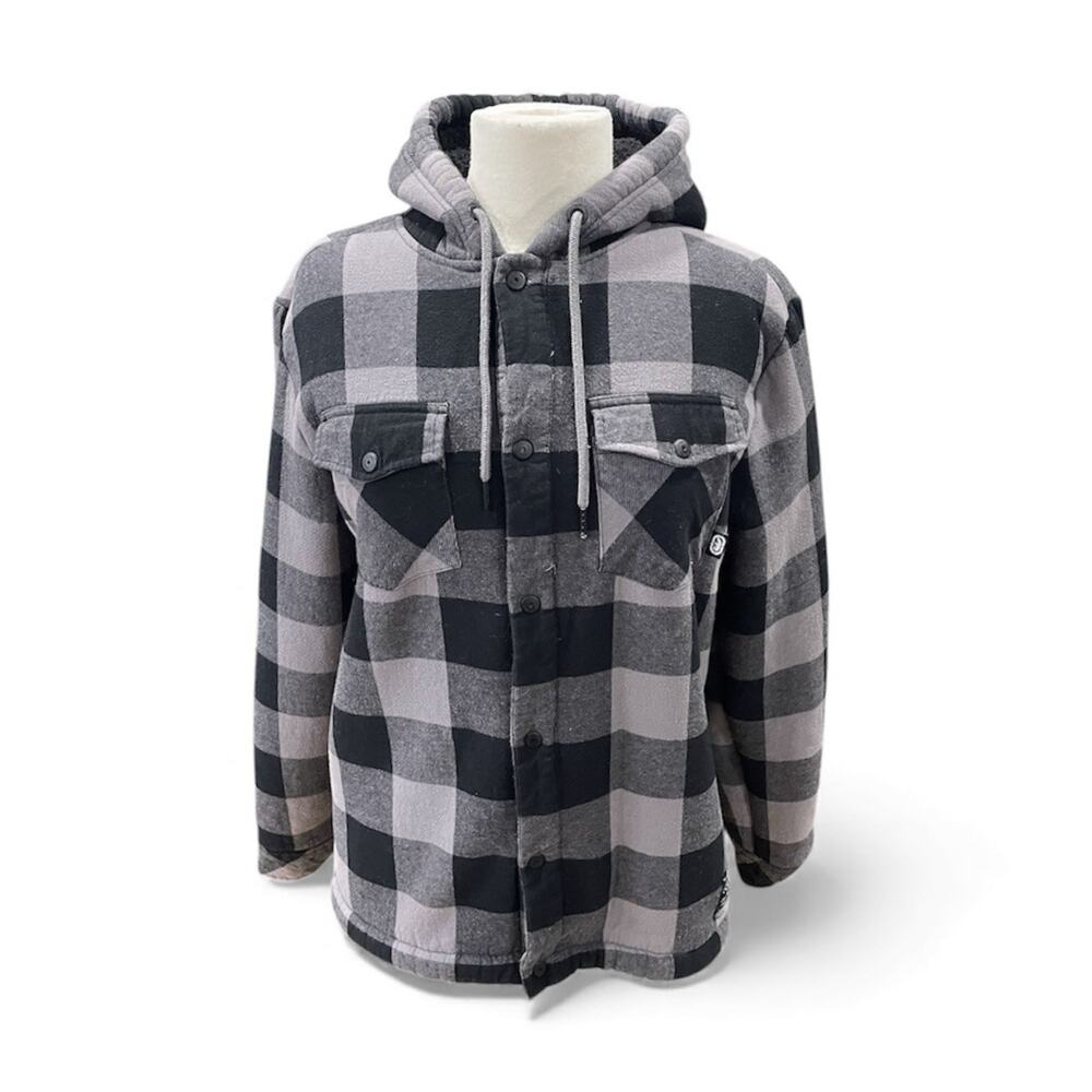 Ecko Unltd Men’s Size Small Button Up Fleece Flannel Jacket Hooded Gray/Black